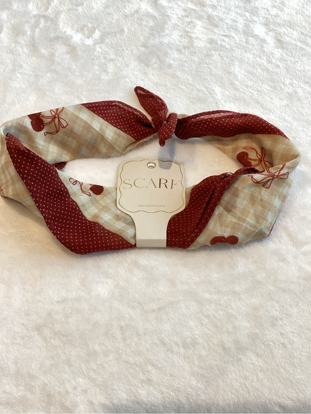 🍒Anthropologie Printed Bandana Cotton Scarf Hair Head Bag New Gingham Cherries - Picture 3 of 8